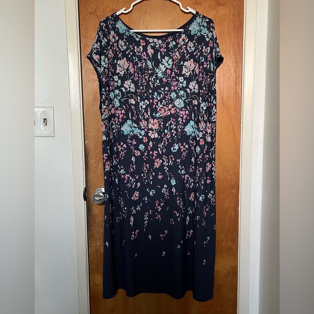 J. Jill Wearever floral print stretch knit midi dress soft navy blue 3X
